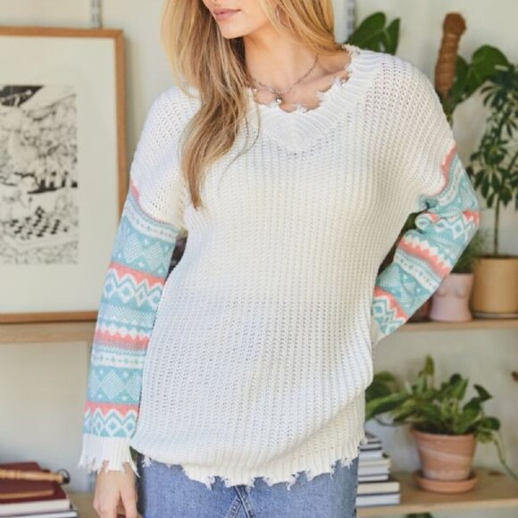 DAVI & DANI PLUS SIZE Boho Distressed White Knit Sweater with Colorful Aztec - Picture 5 of 9